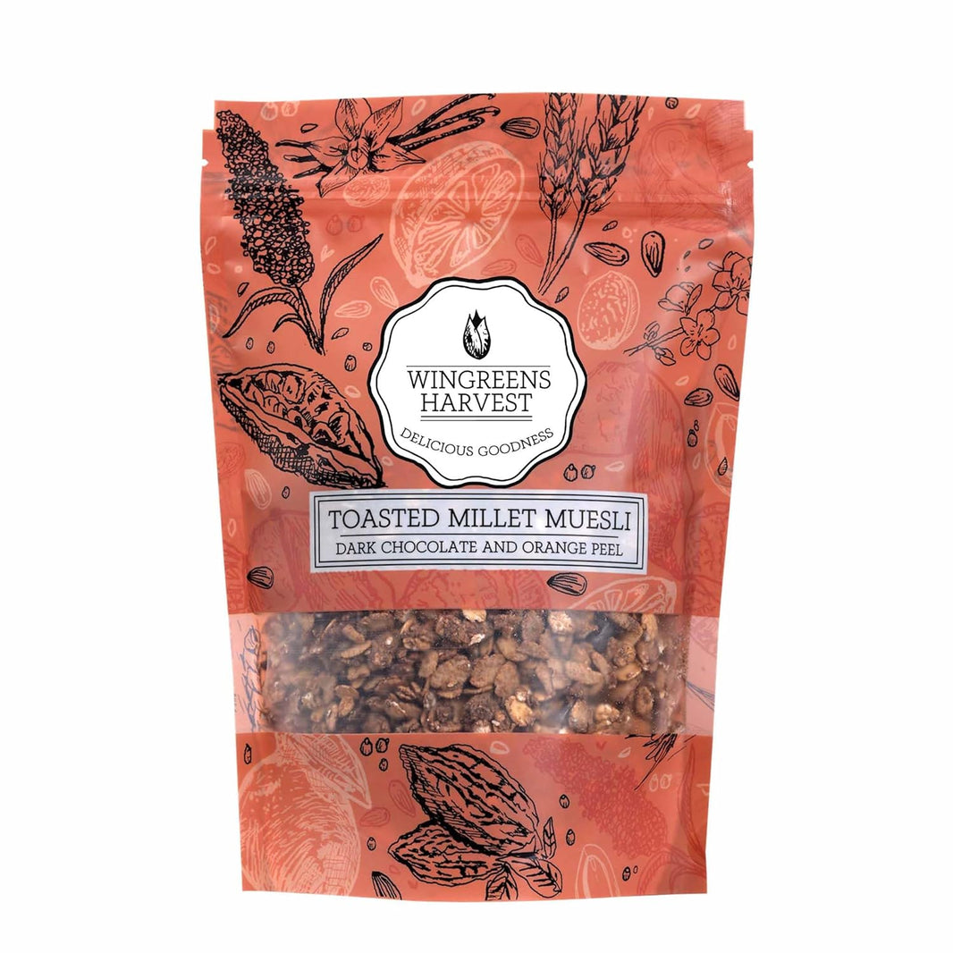 MONSOON HARVEST TOASTED MILLET MUESLI DARK CHOCOLATE AND ORANGE PEEL 250G