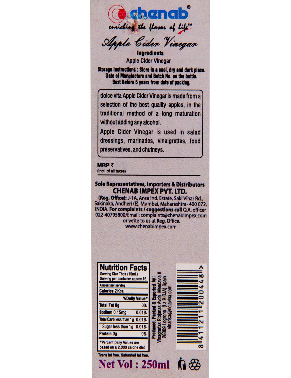 DOLCE VITA AAPLE CIDER VINEGAR 250 ML - SuperMarcheStore
