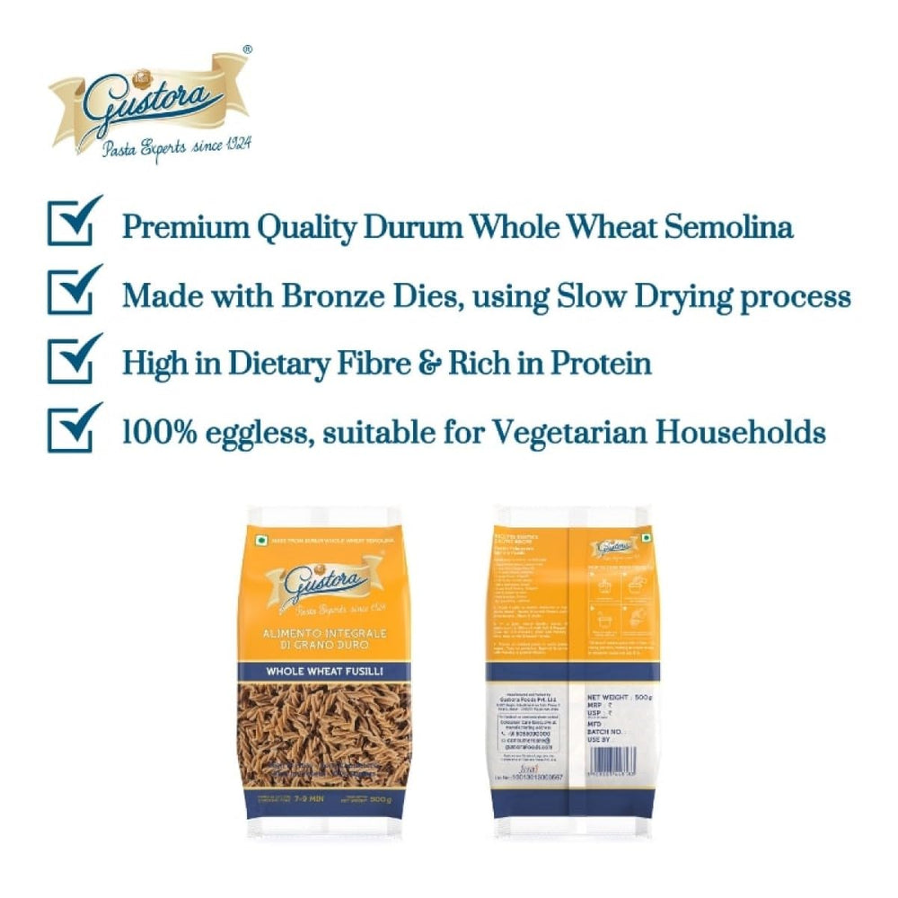 GUSTORA WHOLE WHEAT PASTA FUSILLI 500 GM - SuperMarcheStore