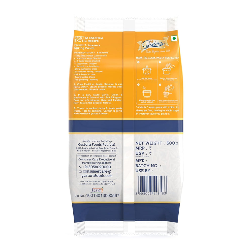 GUSTORA WHOLE WHEAT PASTA FUSILLI 500 GM - SuperMarcheStore