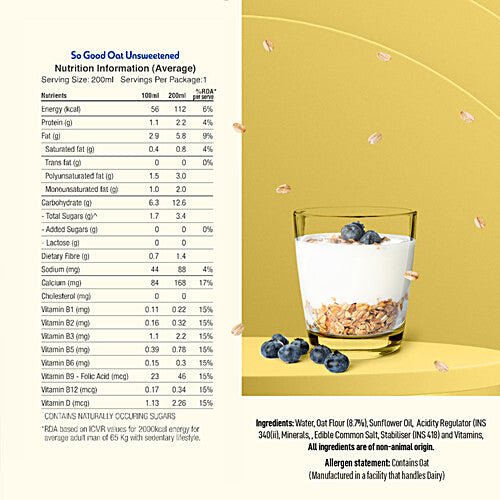 SO GOOD OAT BEVERAGE UNSWEETENED 200 ML - SuperMarcheStore