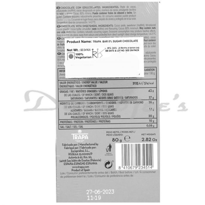 TRAPA BAR 0% SUGAR - NOIR 80% 80GR - SuperMarcheStore