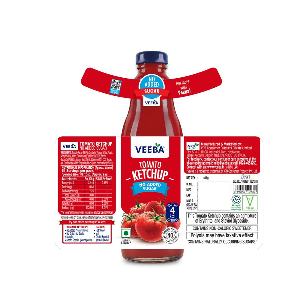 VEEBA TOMATO KETCHUP NO ADDED SUGAR 460 GM - SuperMarcheStore