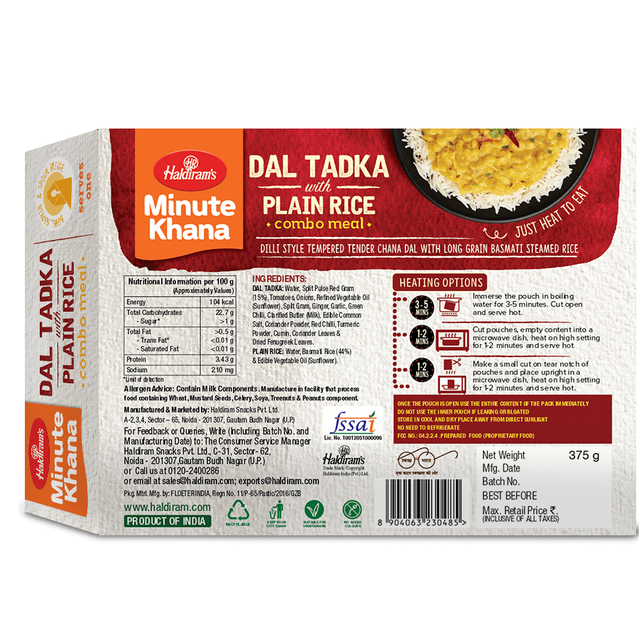 HALDIRAM READY TO EAT DAL TADKA WITH PLN RICE 350G