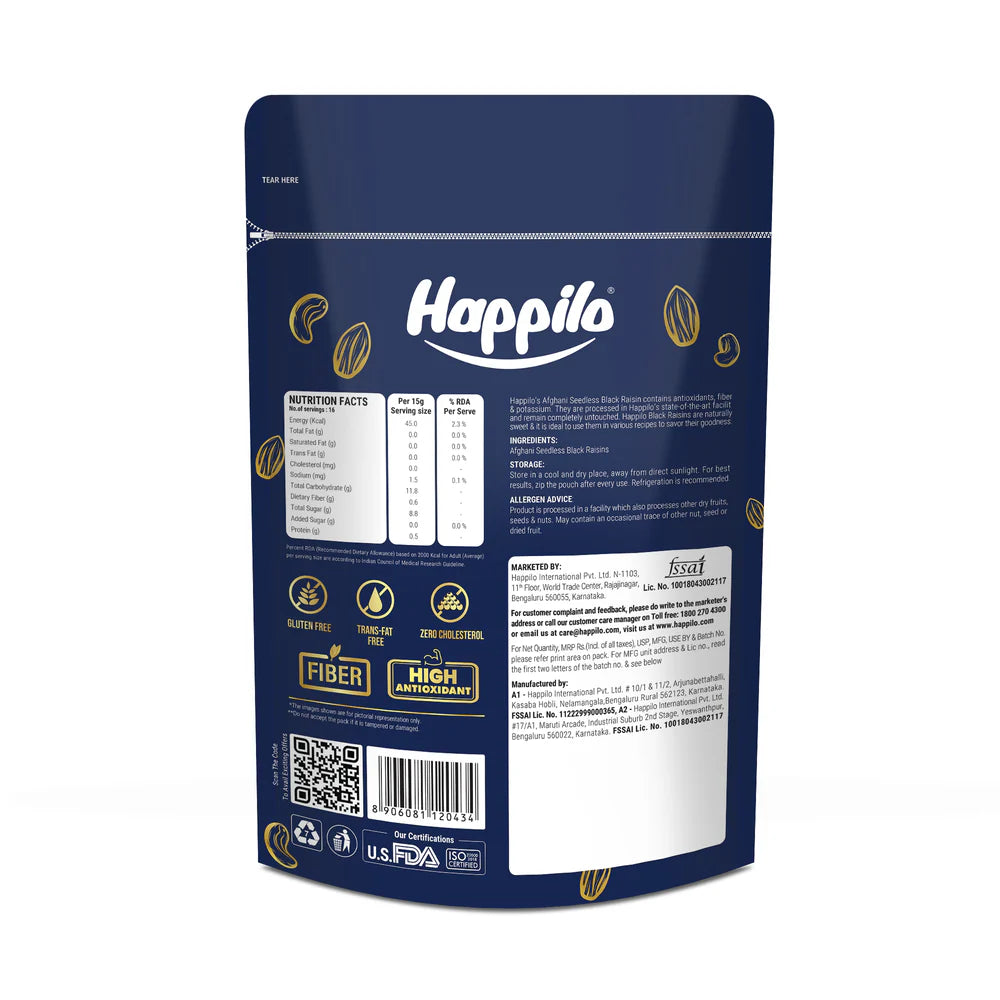 HAPPILO PREMIUM AFGHANI SEEDLESS BLACK RAISIN 250 GM