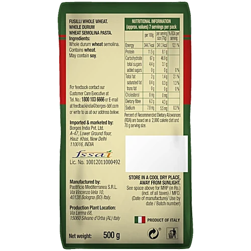 BORGES FUSILLI WHOLE WHEAT PASTA 500 GM