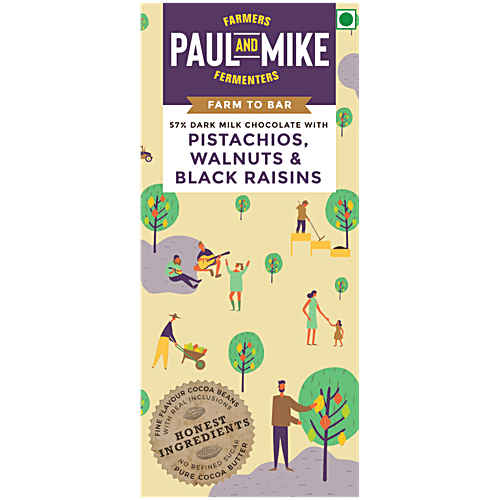 P&M 64% VEGAN DARK CHOC PISTACHIOS WALNUTS& BLACK RAISINS 68 GM