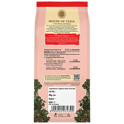 HOUSE OF VEDA ORGANIC ARHAR DAL 500 GM