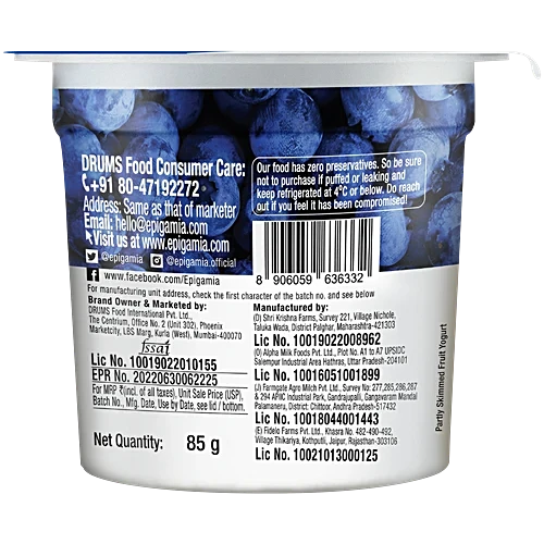 EPIGAMIA NO SUGAR BLUEBERRY YOGURT 85 GM