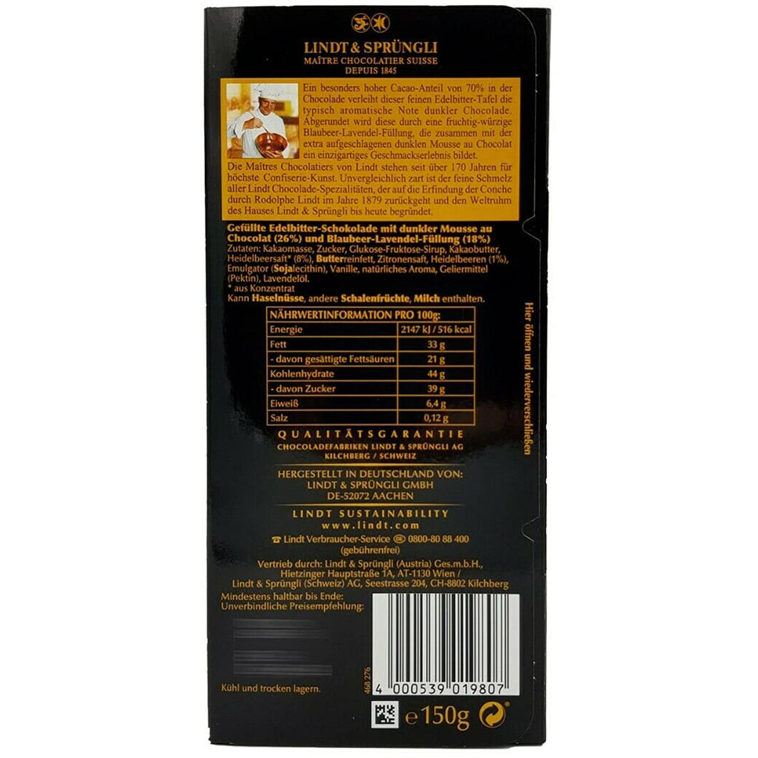 LINDT EDELBITTER MOUSSE BLAUBEER LAVENDEL 150G