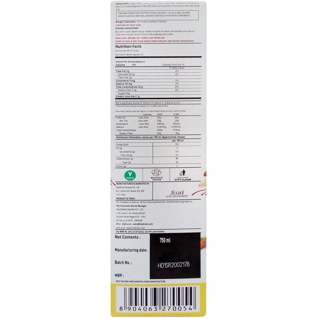 HALDIRAM SYRUP BADAM KESARIA 750ML