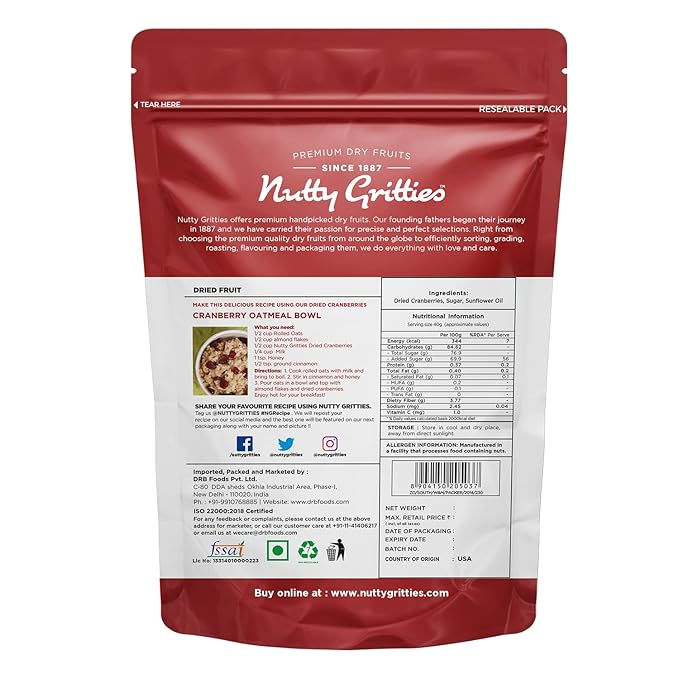 NUTTY GRITTIES - DRIED U S CRANBERRIES 200GM