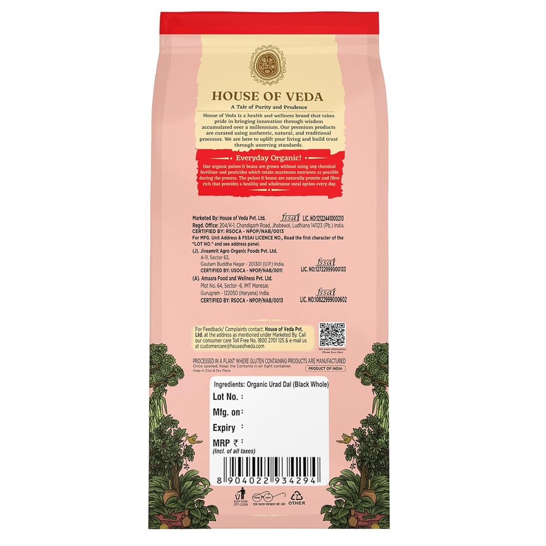 HOUSE OF VEDA ORGANIC URAD DAL WHOLE 500 GM