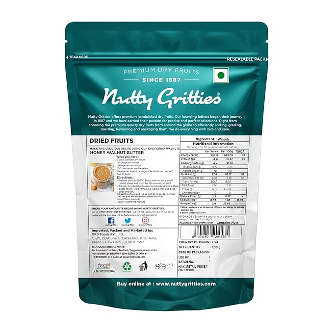 NUTTY GRITTIES - CALIFORNIA WALNUT KERNEL 200GM