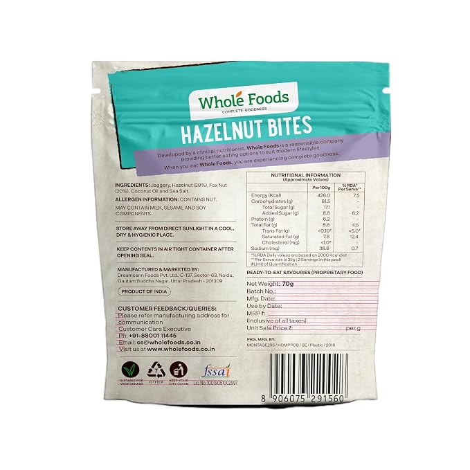 WHOLE FOODS HAZLENUT BITES 70 GM