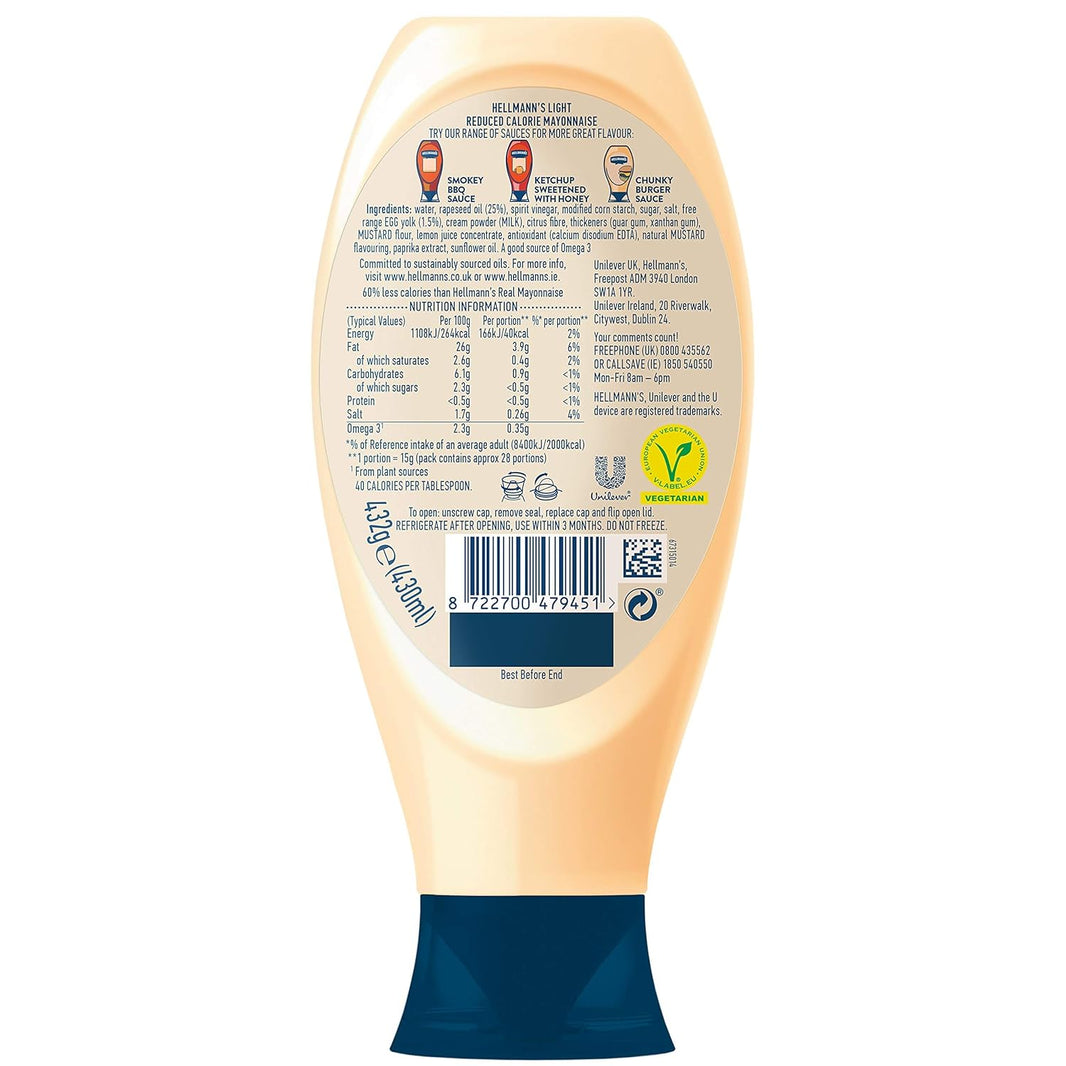 HELLMANNS MAYONNAISE SQUZ LIGHT BT 430ml