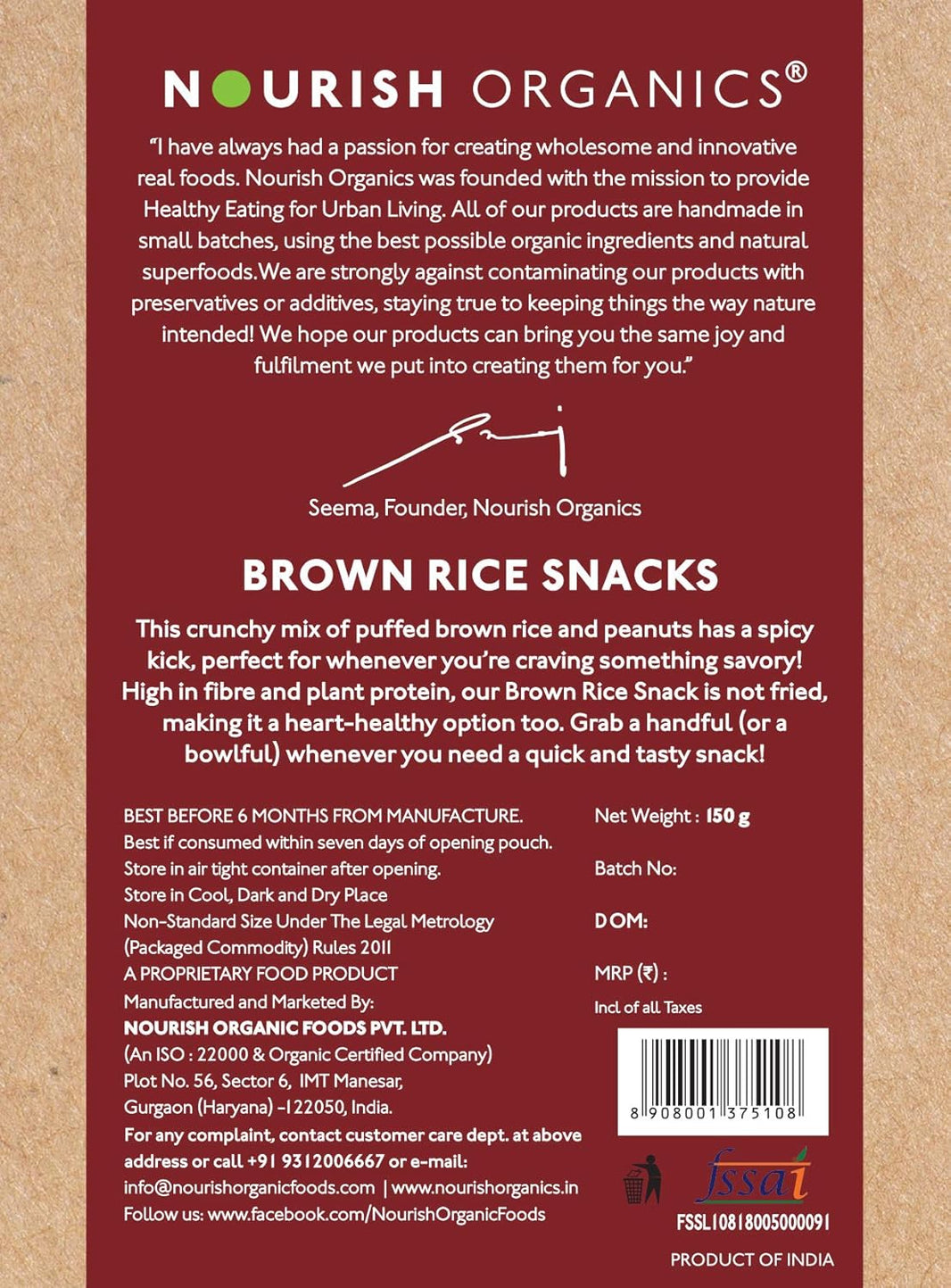 NOURISH ORG OTH SNK BROWN RICE 150g