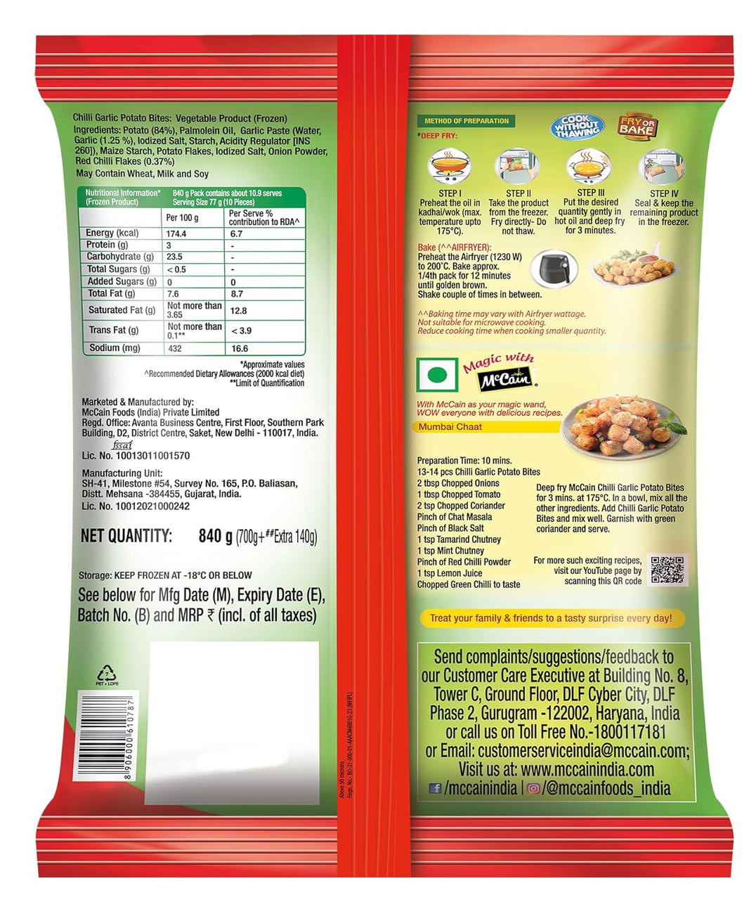 MCCAIN CHILLI GARLIC POTATO BITES 700GM
