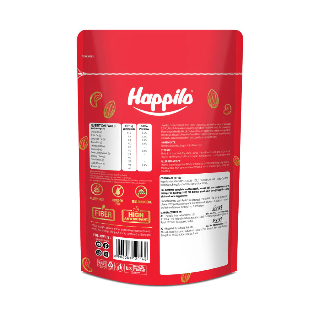 HAPPILO SLICED CRANBERRIIES 200 GM