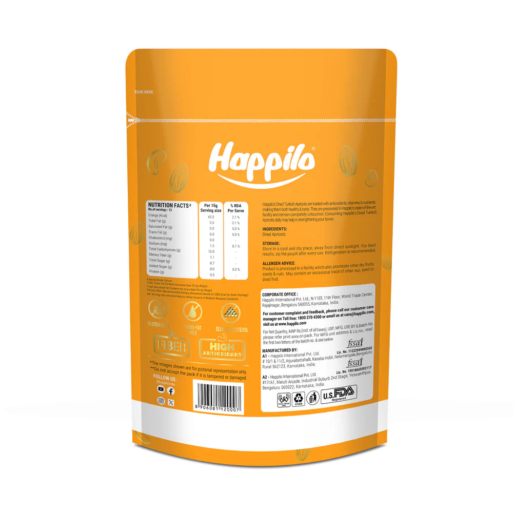 HAPPILO DRIED TURKISH APRICOTS 200G