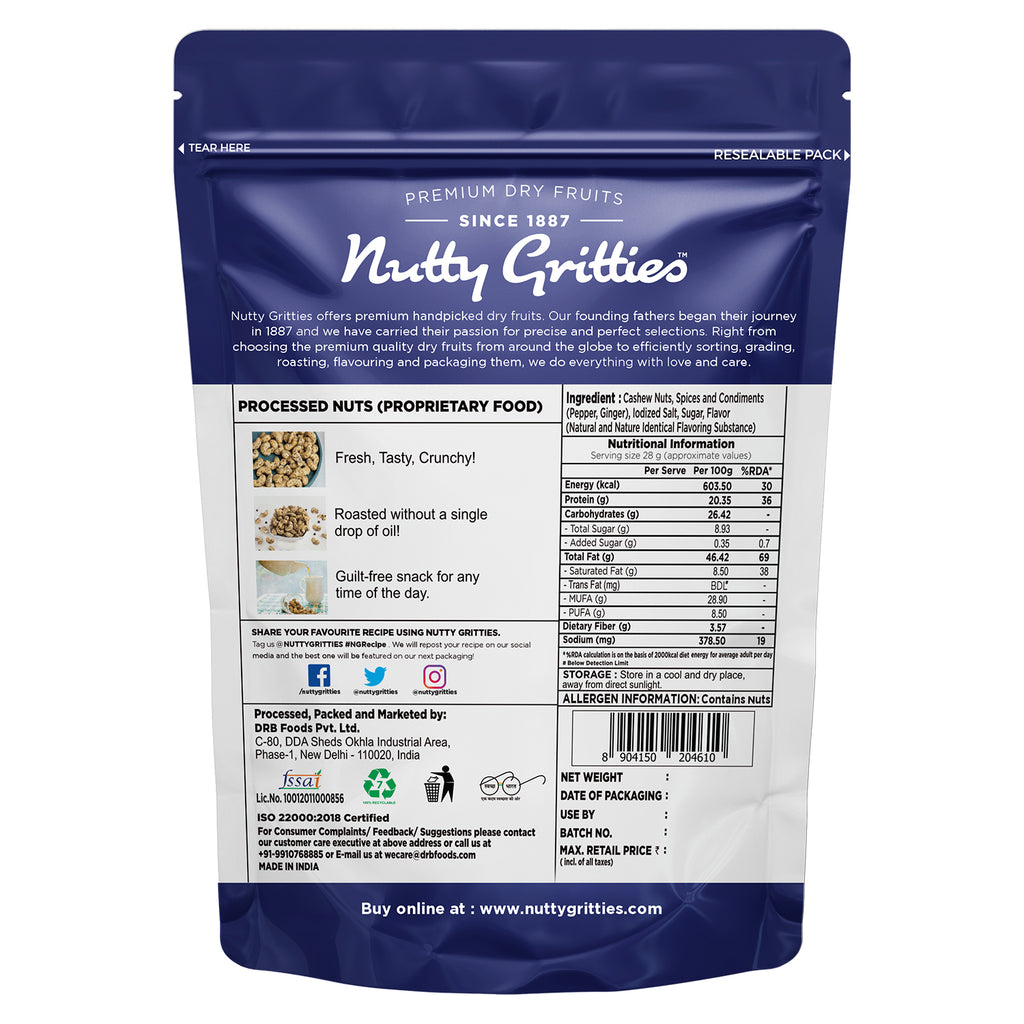 NUTTY GRITTIES - BLACK PAPPER CASHEWS 200GM