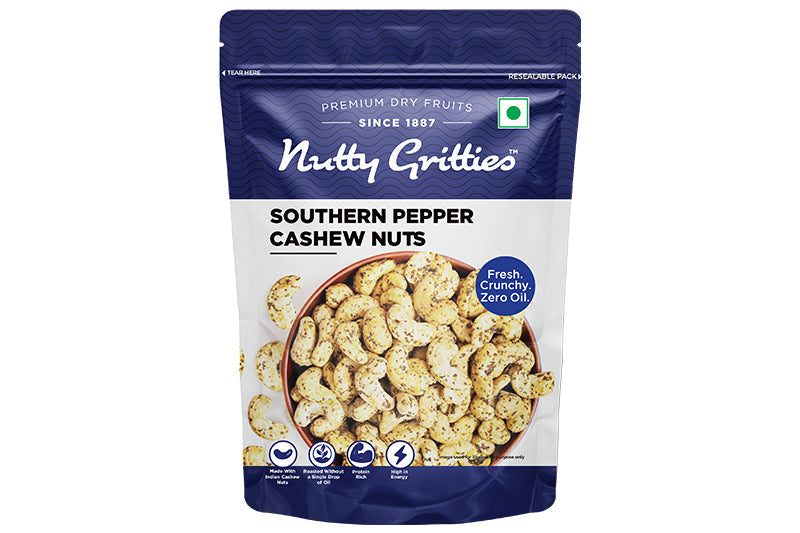 NUTTY GRITTIES - BLACK PAPPER CASHEWS 200GM