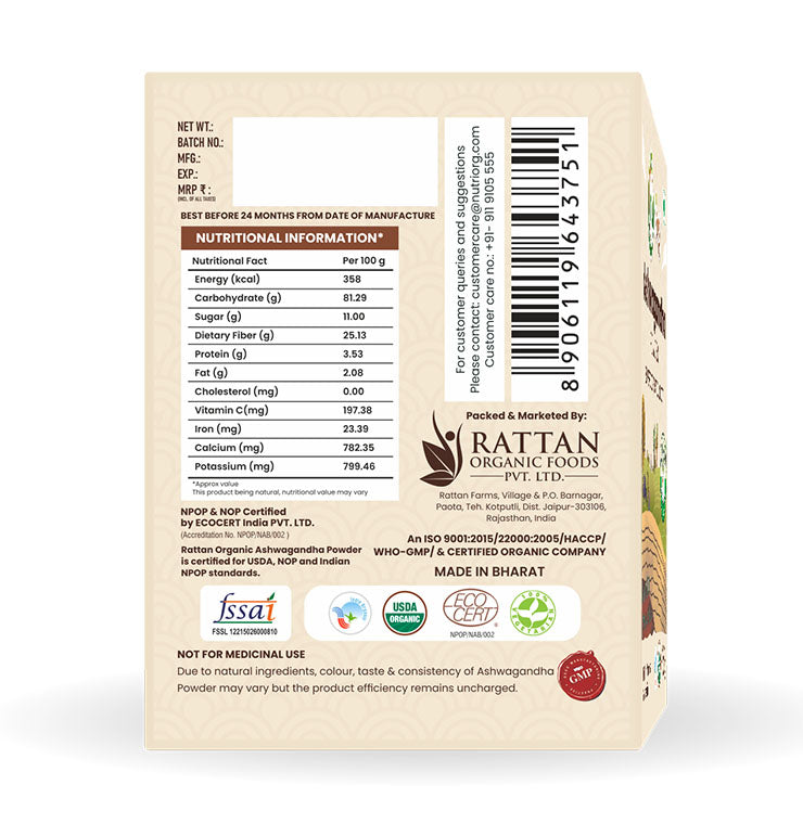NUTRIORG ASHWAGANDHA POWDER 100G