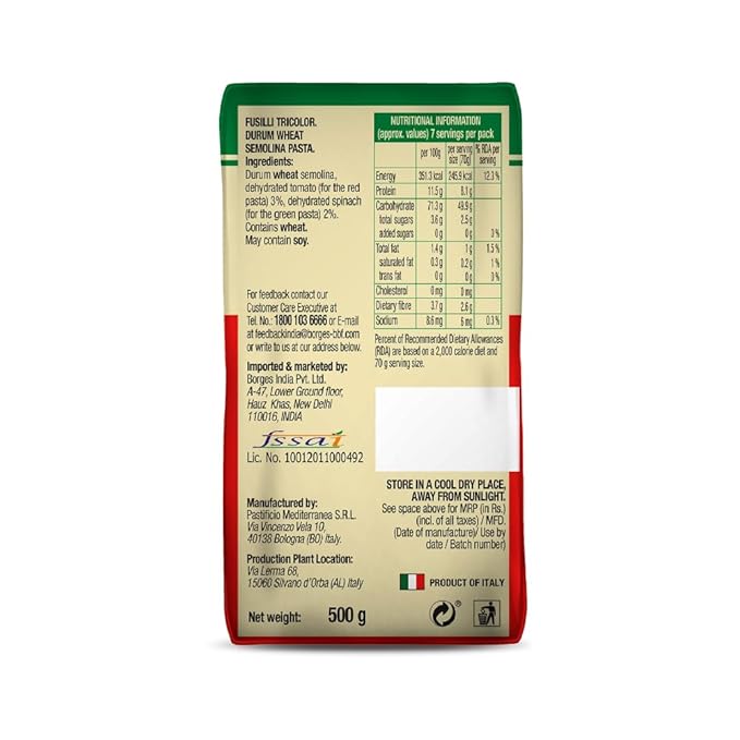 BORGES PASTA FUSILI TRICOLOR 500 GM - SuperMarcheStore