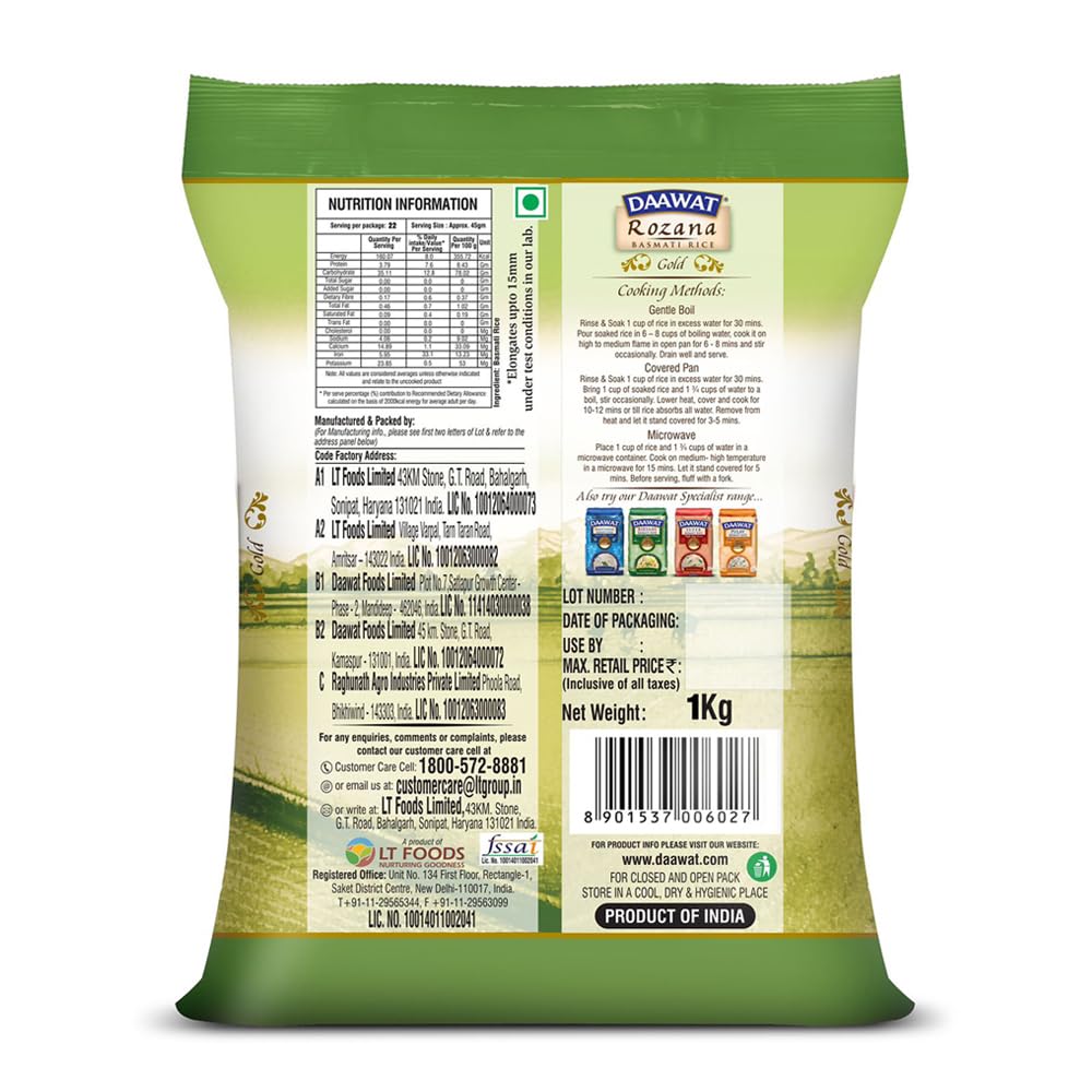 DAAWAT BASMATI RICE ROZANA GOLD 1KG - SuperMarcheStore