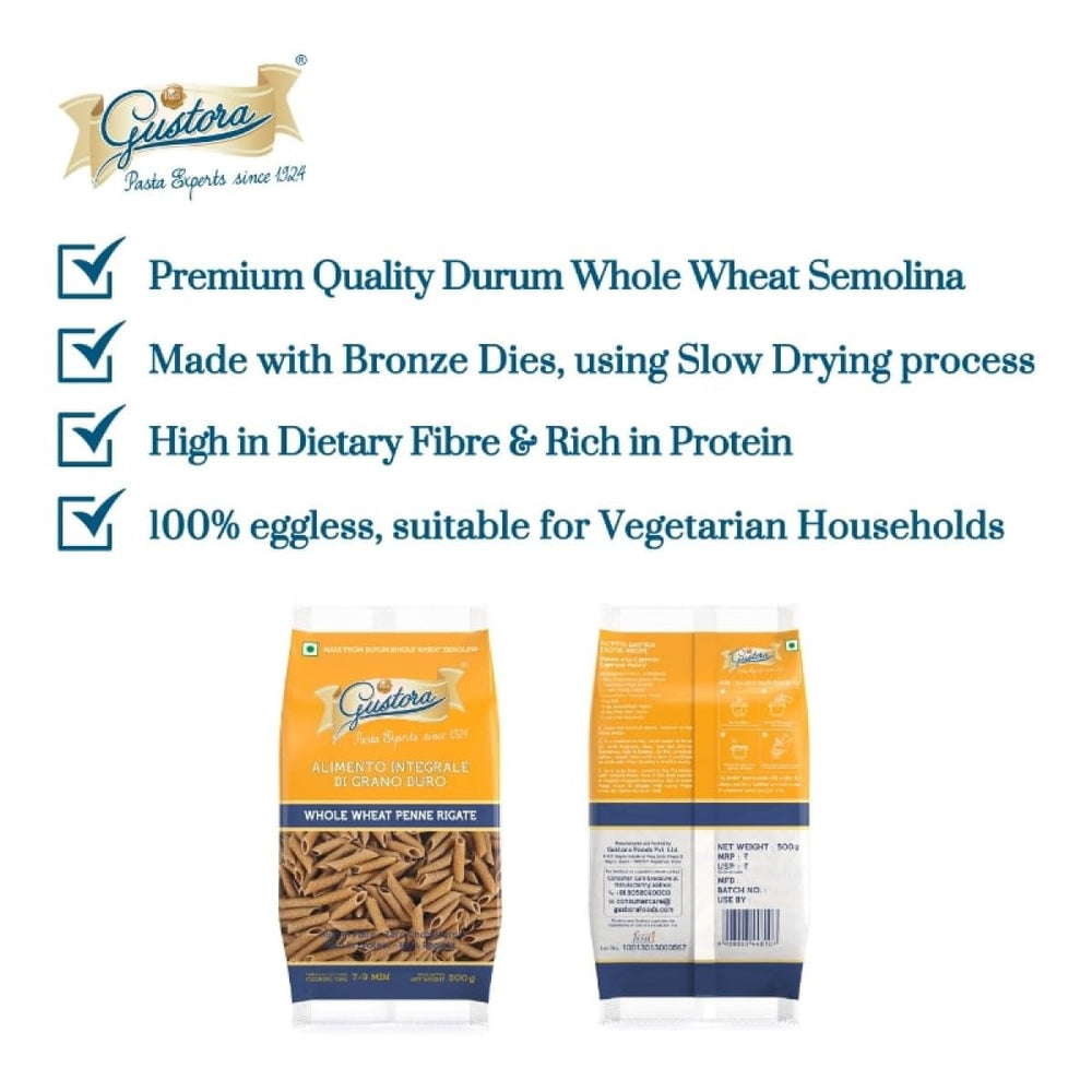 GUSTORA WHOLE WHEAT PASTA PENNE 500 GM - SuperMarcheStore