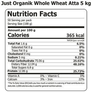 JUST ORGANIK WHOLE WHEAT CHAKKI FLOUR 5KG - SuperMarcheStore