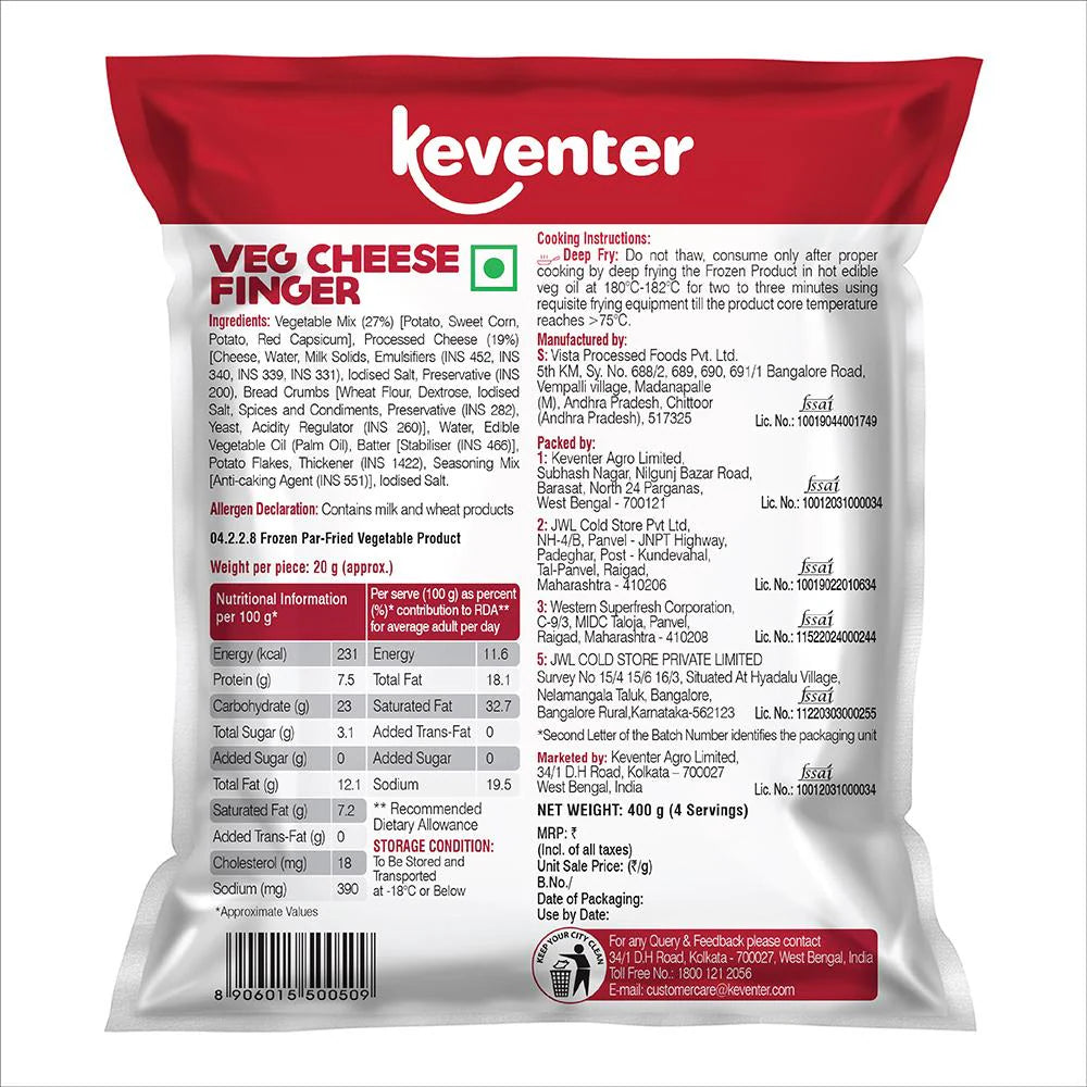 KEVEBTER  VEG CHEESE FINGER 400GM