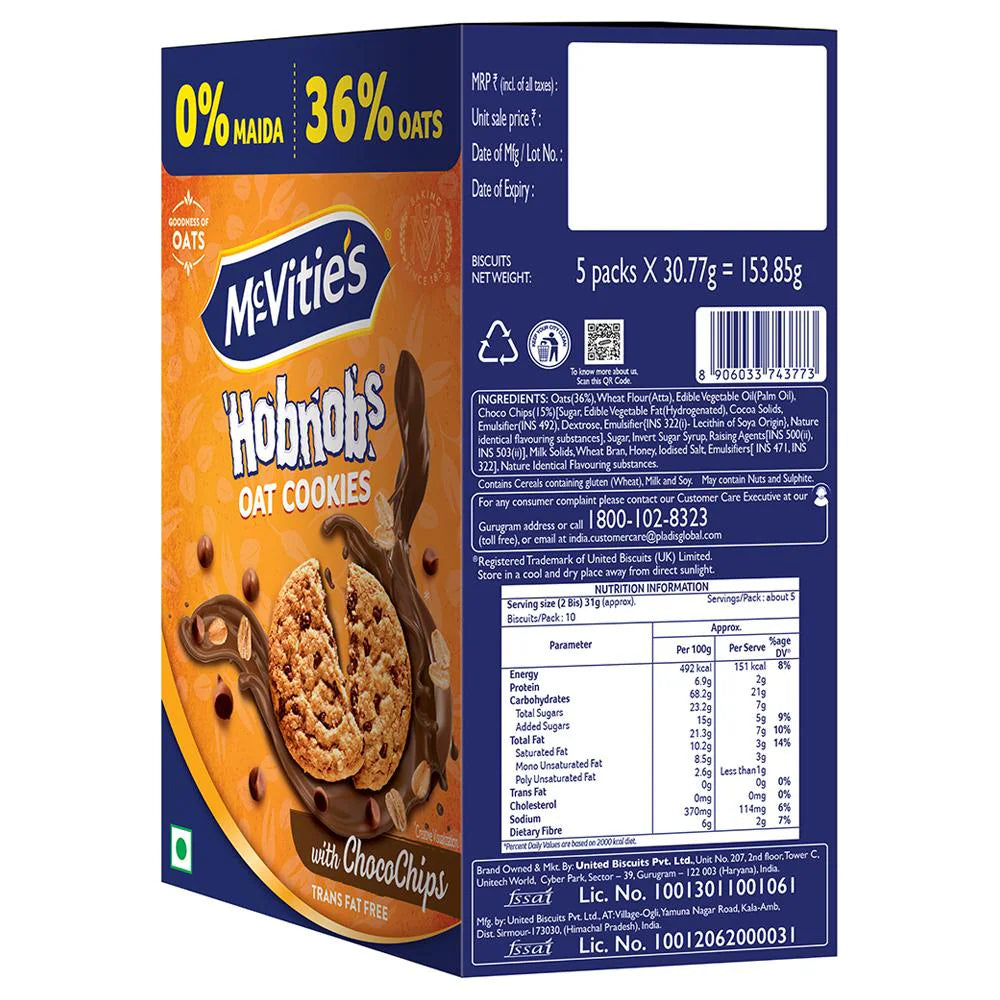 MCVITIES HOBNOBS OAT COOKIES 153.85 GM