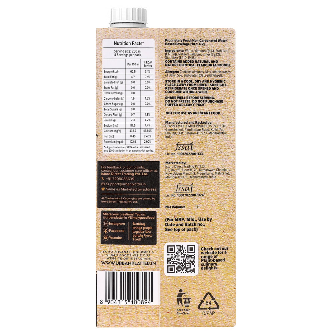 URBAN PLATTER ALMOND MILK UNSWEETENED 1L - SuperMarcheStore