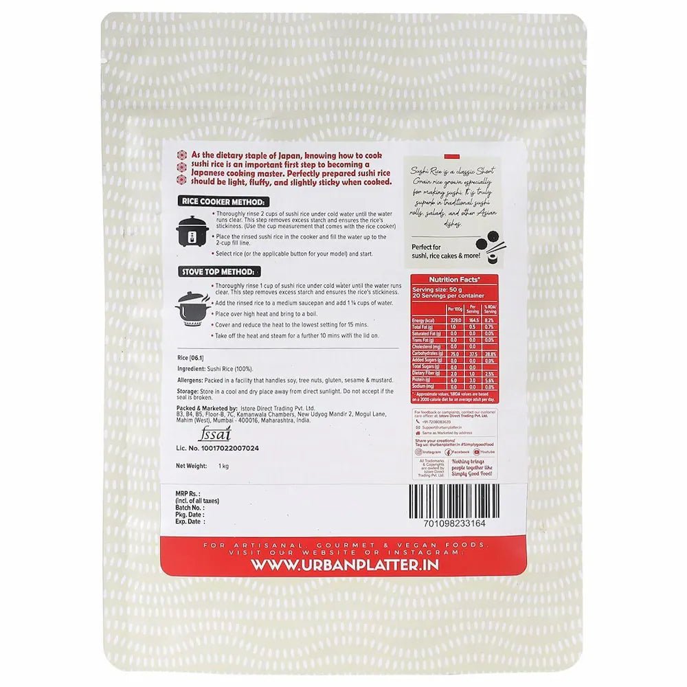 URBAN PLATTER SHORT GRAIN SUSHI RICE 1KG - SuperMarcheStore